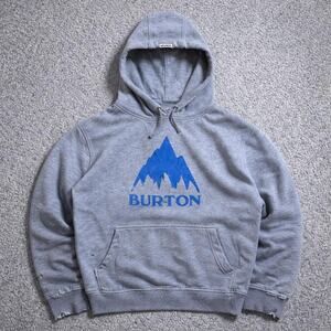 Burton Mountain Logo Hoodie Mens Medium Heather Gray Blue Distressed Snowboard